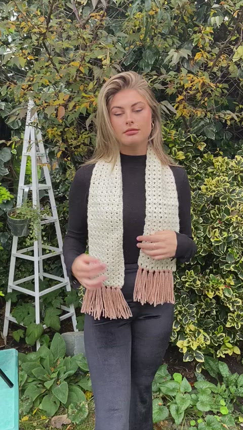 Warm soft tasselled scarf in cream and apricot. Handmade and unique.