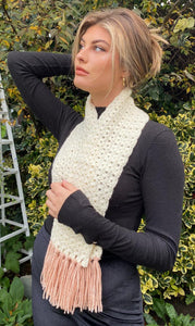 Warm soft tasselled scarf in cream and apricot. Handmade and unique.
