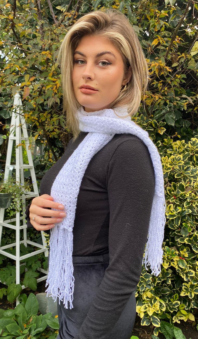 Beautiful 'icicle' scarf in sparkly white - perfect for the Christmas season. Lightweight & stylish! Handmade & unique.