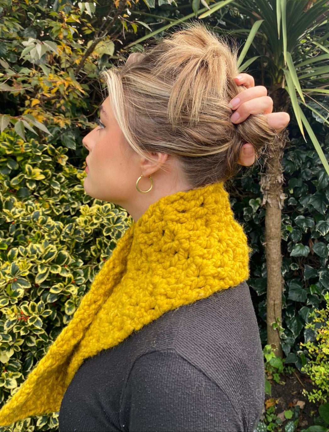 Stunning short extra chunky scarf in mustard with brown 'sharkstooth' toggle. Handmade and unique.