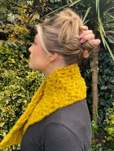 Stunning short extra chunky scarf in mustard with brown 'sharkstooth' toggle. Handmade and unique.