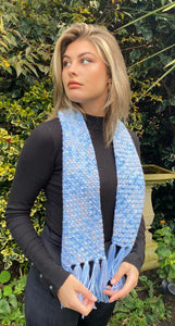 Textured snuggly scarf with tassels in shades of blue apricot & white. Handmade & unique.