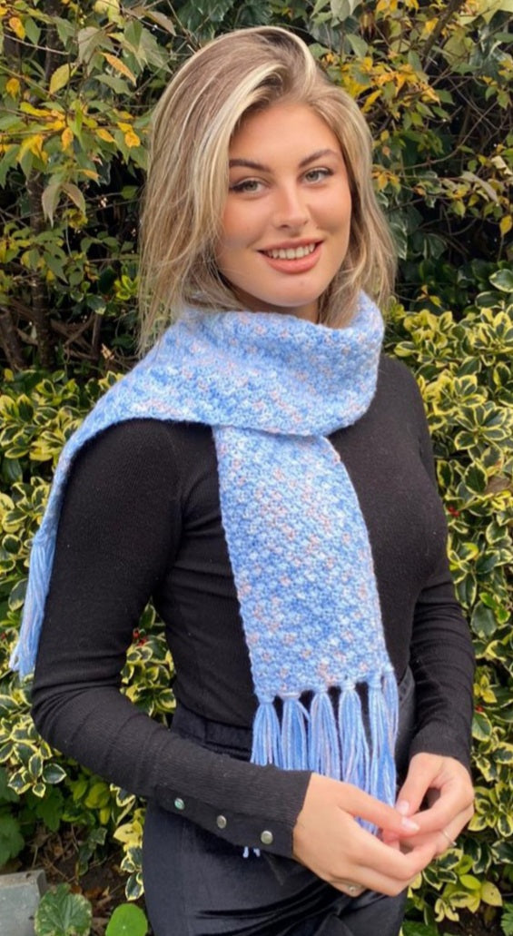 Textured snuggly scarf with tassels in shades of blue apricot & white. Handmade & unique.