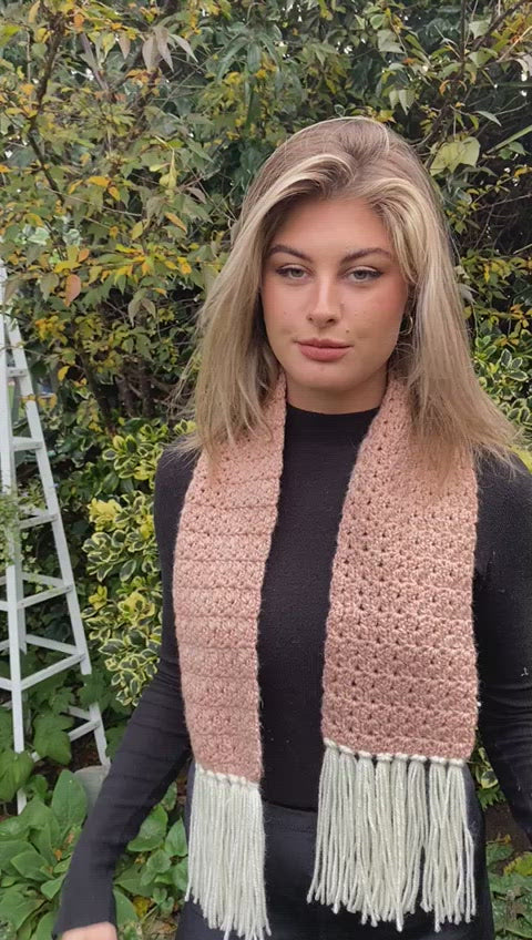 Snuggly tasselled scarf in apricot and cream - Handmade & unique.