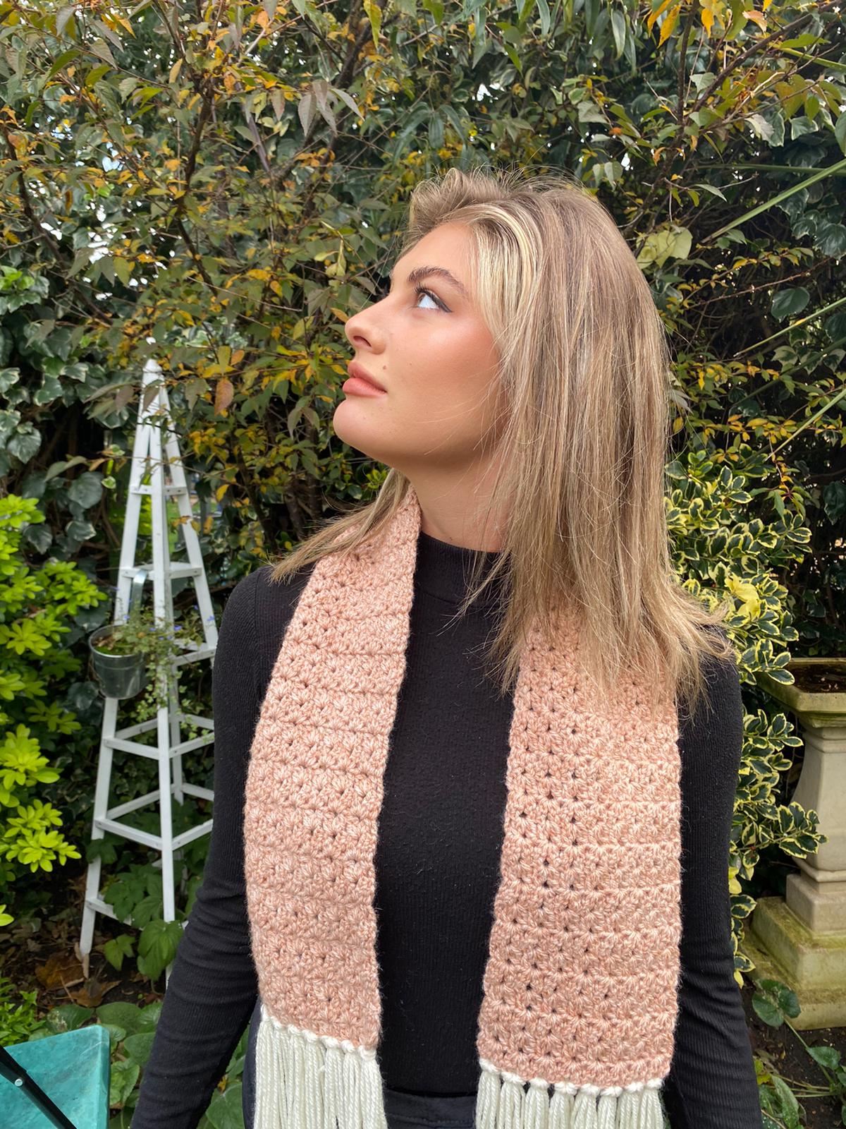 Snuggly tasselled scarf in apricot and cream - Handmade & unique.