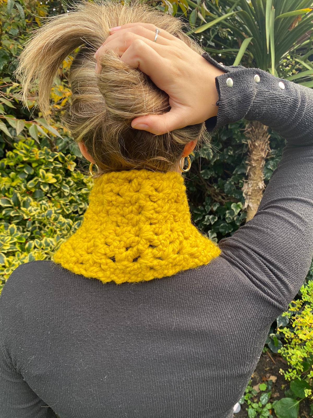 Stunning short extra chunky scarf in mustard with brown 'sharkstooth' toggle. Handmade and unique.