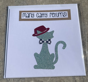 'Many Catty Returns' handmade greetings card