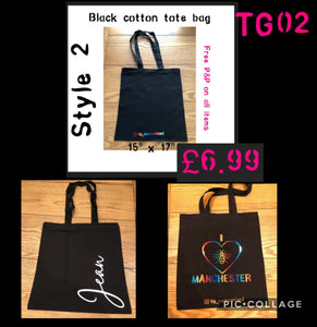 Black cotton tote bag.