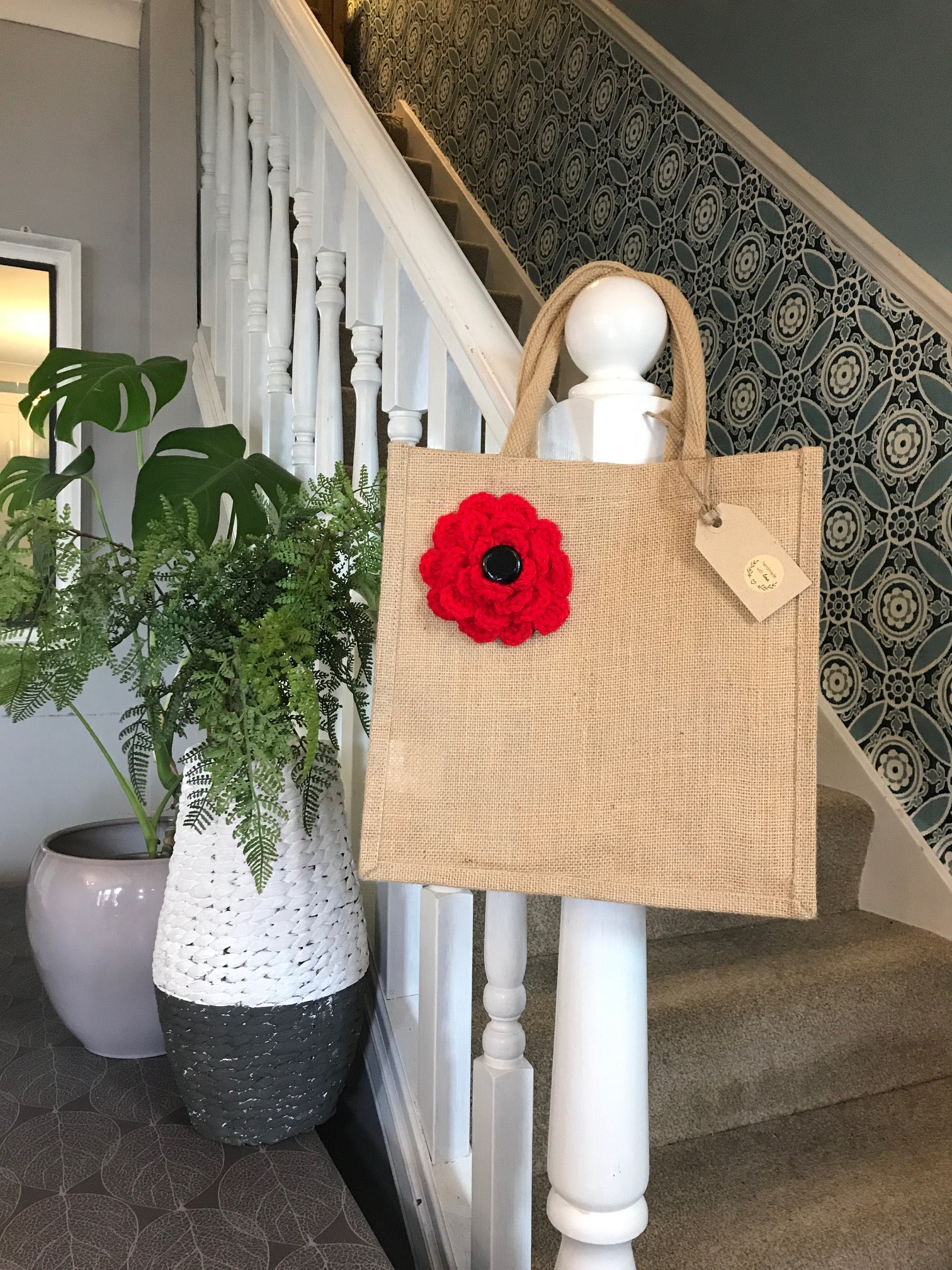 Gorgeous artisan jute bags with hand crafted crochet decoration.