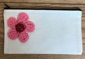 Canvas pouches with hand crocheted decoration