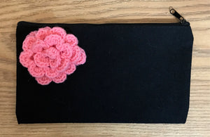 Canvas pouches with hand crocheted decoration