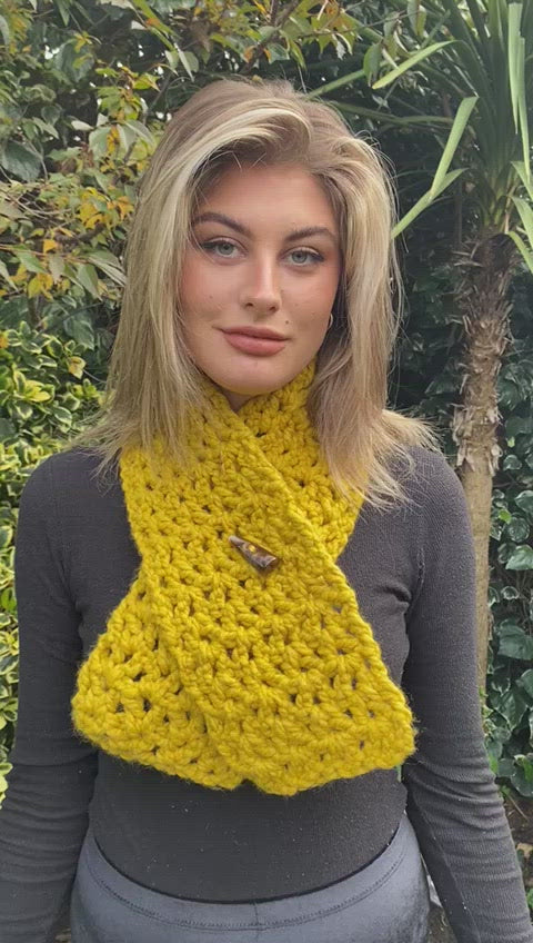 Stunning short extra chunky scarf in mustard with brown 'sharkstooth' toggle. Handmade and unique.